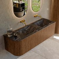 Mondiaz KURVE-DLUX 145 cm Onderkast Greeploos 1 Lade Met Deuren Walnut, Wastafel Solid Surface Rechts Lava 0 Kraangaten Zonder Spiegel (KRVLEA145L1L1D0KD-Wal/Lav)