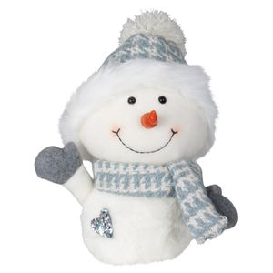 Pluche decoratie sneeuwpop - 27 cm - blauw - met sjaal en muts