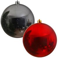 2x Grote kerstballen rood en zilver van 25 cm glans van kunststof - Kerstbal - thumbnail