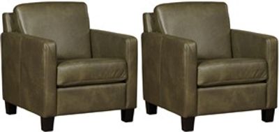 Set van 2 Olijfgroene leren landelijke fauteuils Smart - poot hout zwart - Granada leer Moss (olijfgroen leer)