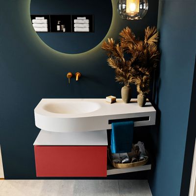 MONDIAZ RIVA 100cm badmeubel onderkast / planchet kleur Fire met 1 lade. Wastafel DULCET links 0 kraangaten kleur Talc.