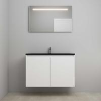 On-Line Badkamermeubelset - 100 cm - Bouwpakket - Greeploze Ladestructuur - Acryl Wastafel - 1 Kraangat - Spiegel met LED-Verlichting - Mat Wit