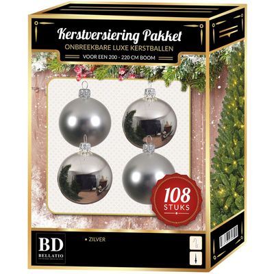 Kerstbal en ster piek set 108x zilver voor 210 cm boom