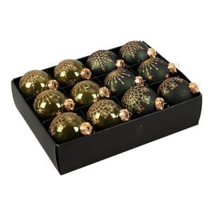 Luxe kerstballen - gedecoreerd - 12x st - donkergroen - D7,5 cm - glas - kerstversiering