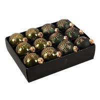 Luxe kerstballen - gedecoreerd - 12x st - donkergroen - D7,5 cm - glas - kerstversiering - thumbnail