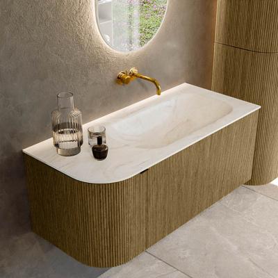 Badmeubel Mondiaz Kurve-Dlux | 105 cm cm | Meubelkleur Dusk | Wastafelkleur Ostra | Solid surface | Wasbak rechter zijde spoelbak | Zonder kraangat(en)