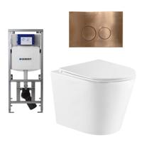 QeramiQ Dely Toiletset - 36.3x51.7cm - diepspoel - rimless - Geberit UP320 Burda inbouwreservoir - softclose toiletzitting - koperen bedieningsplaat - ronde knoppen - wit glans SW543431/0701131/SW706196