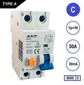SEP Aardlekautomaat 50A C Kar 30mA 2 polig 36mm RCM2 Kema Keur 230V automaat en aardlek in een
