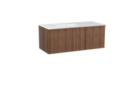 Balmani Forma zwevend badmeubel 120 x 55 cm amerikaans notenhout met Tablo Oval asymmetrisch linkse wastafel in solid surface mat wit, Verticale asymmetrische ronde ribbel