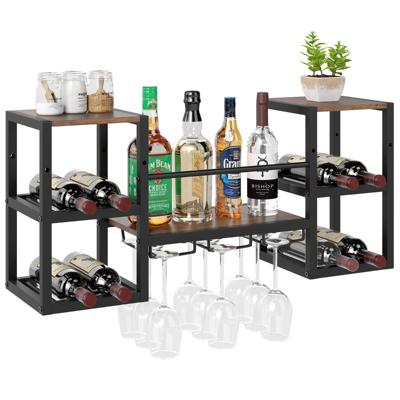 Wandgemonteerde Wijnrek met Glazenhouder Zware Metalen Frame 8-flessenhouder met Open Plank Rustiek Bruin
