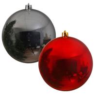 2x stuks grote kerstballen van 20 cm glans van kunststof rood en zilver - Kerstbal - thumbnail