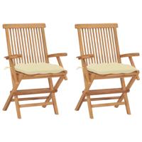 Tuinstoelen 2 st met crèmewitte kussens massief teakhout