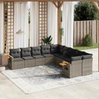 10-delige Loungeset met kussens poly rattan grijs