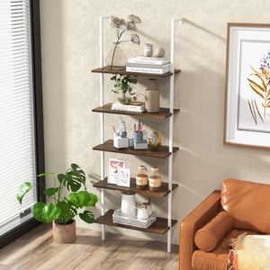 5-Tier Ladder Plank Muur Plank met Stalen Structuur Elegante Boekenkast Open Opslag Planken Grote Bloem Stand voor Kantoor Woonkamer