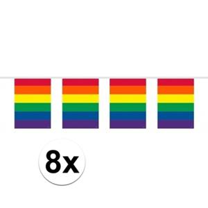 Regenboog vlaggenlijn - 8x - 10 meter - plastic - vierkante vlaggetjes - Gay pride versiering