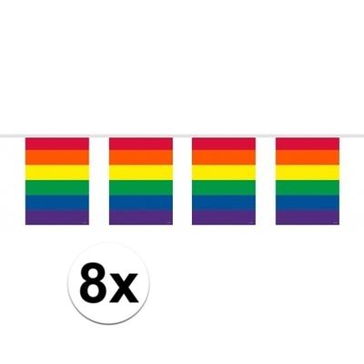 Regenboog vlaggenlijn - 8x - 10 meter - plastic - vierkante vlaggetjes - Gay pride versiering
