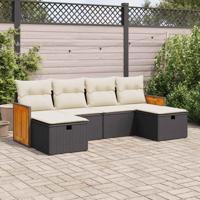 6-delige Loungeset met kussens poly rattan zwart