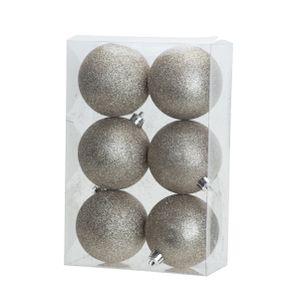 6x stuks kunststof glitter kerstballen champagne 8 cm   -