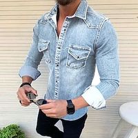 Voor heren Overhemd Overhemd met knopen Normaal shirt Jeanshemd Denim overhemd Spijkerbroekblauw blauw Lichtgrijs Donkergrijs Lange mouw Effen Strijkijzer Dagelijks Vakantie Voorvak Kleding Modieus Lightinthebox - thumbnail