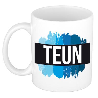 Teun naam cadeau koffie mok - beker - met blauw verfstrepen - Cadeau collega - vaderdag