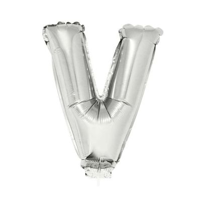 Zilveren opblaas letter ballon V op stokje 41 cm