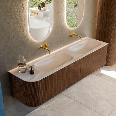 Badmeubel Mondiaz Kurve-Dlux | 175 cm | Meubelkleur Walnut | Wastafelkleur Meli | Solid surface | Dubbel / Rechts spoelbak | Zonder kraangat(en)