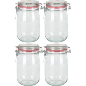 4x Glazen confituren pot/weckpot 1000 ml/1 liter met beugelsluiting en rubberen ring - Weckpotten