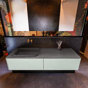 Badkamermeubelset Mondiaz Erin 150 cm met 2 Lades met RIDGE Wastafel Links Dark grey Zonder Kraangaten Greeploos Mat Greey