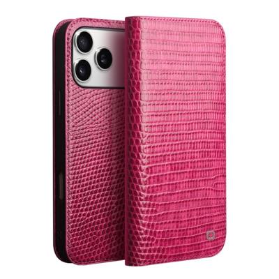 Qialino iPhone 17 Pro hoesje - Leren bookcase - Croco Roze
