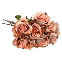 Kunstbloemen boeket roos Glamour - 8x - zalm met goudkleur - 61 cm - satijn - decoratie bloemen - thumbnail