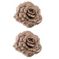 2x stuks decoratie bloemen roos champagne glitter op clip 18 cm - Kunstbloemen
