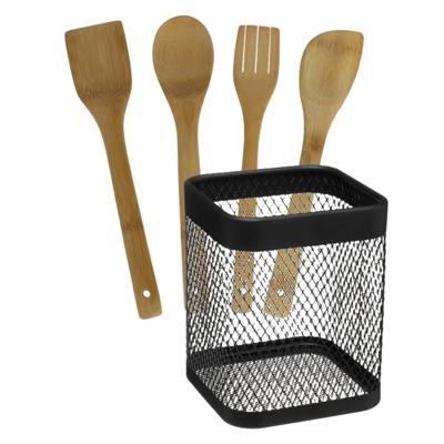 5Five Keukengerei - houten spatels set 4-delig - draad houder - Keuken pollepels/spatel - bamboe