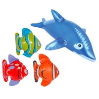 Opblaasbare dieren set - 3x stuks Opblaasbare vissen van 22 cm en 1x een dolfijn van 53 cm