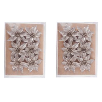 Decoratie rozen bloemen - 12x st - champagne - glitter - op clip - 8 cm - kerstversiering