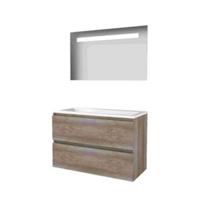 Basic-Line Economic 46 Badkamermeubelset - 100 x 46 cm - Greeploos - 2 Lades - Acryl Wastafel - 1 Kraangat - Spiegel met LED Verlichting - Scotch Oak