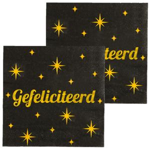 Verjaardag feest servetten - Gefeliciteerd - 32x stuks - zwart/goud - 17 x 19 cm