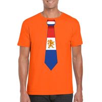 Oranje t-shirt met Nederland vlag stropdas heren - thumbnail