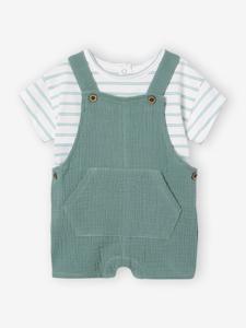 Gestreept T-shirt en korte, aanpasbare sweater van katoenen gaas voor baby's smaragdgroen