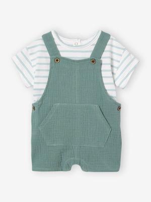 Gestreept T-shirt en korte, aanpasbare sweater van katoenen gaas voor baby's smaragdgroen