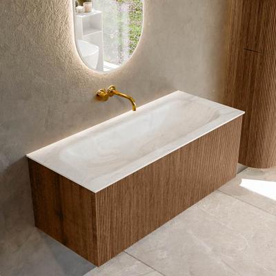 Badmeubel Mondiaz Kurve-Dlux | 110 cm | Meubelkleur Walnut | Wastafelkleur Ostra | Solid surface | Midden spoelbak | Zonder kraangat(en)
