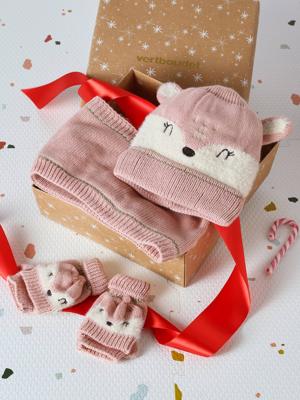 Kerstcadeauset voor meisjes muts + snood + wanten/handschoenen bichette roze (poederkleur)