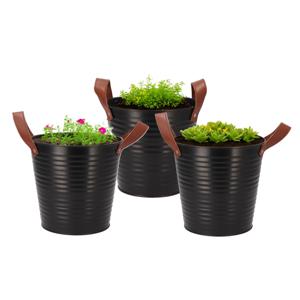 Plantenpot/bloempot emmer Leather - 3x - rond - zink - zwart - D20 x H19 cm