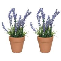 2x lavendel kunstplant in terracotta pot - lila paars - D6 x H18 cm