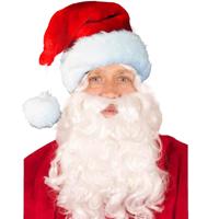 Luxe kerstmuts met witte baard - rood/wit - volwassenen - pluche - brede rand - baard met elastiek