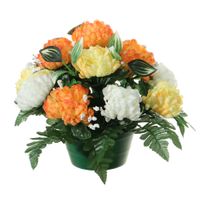 Kunstbloemen plantje crysanten in pot - oranje/geel - D30 x H24 cm - Bloemstuk - Bladgroen