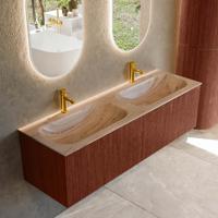 Badmeubel Mondiaz Kurve-Dlux | 150 cm | Meubelkleur Ruby | Wastafelkleur Arena | Solid surface | Wasbak beide zijden spoelbak | 2 kraangaten