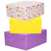3x Rollen kraft inpakpapier geel/paars/happy birthday 200 x 70 cm - Cadeaupapier