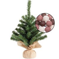 Mini kunst kerstboom groen met verlichting - in jute zak - H45 cm - kleur mix rood - Kunstkerstboom