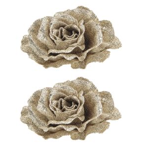 3x stuks decoratie bloemen roos champagne glitter op clip 10 cm