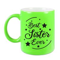 Best Sister Ever cadeau mok / beker neon groen 330 ml - verjaardag / bedankje - kado zus/ zusje - feest mokken - thumbnail